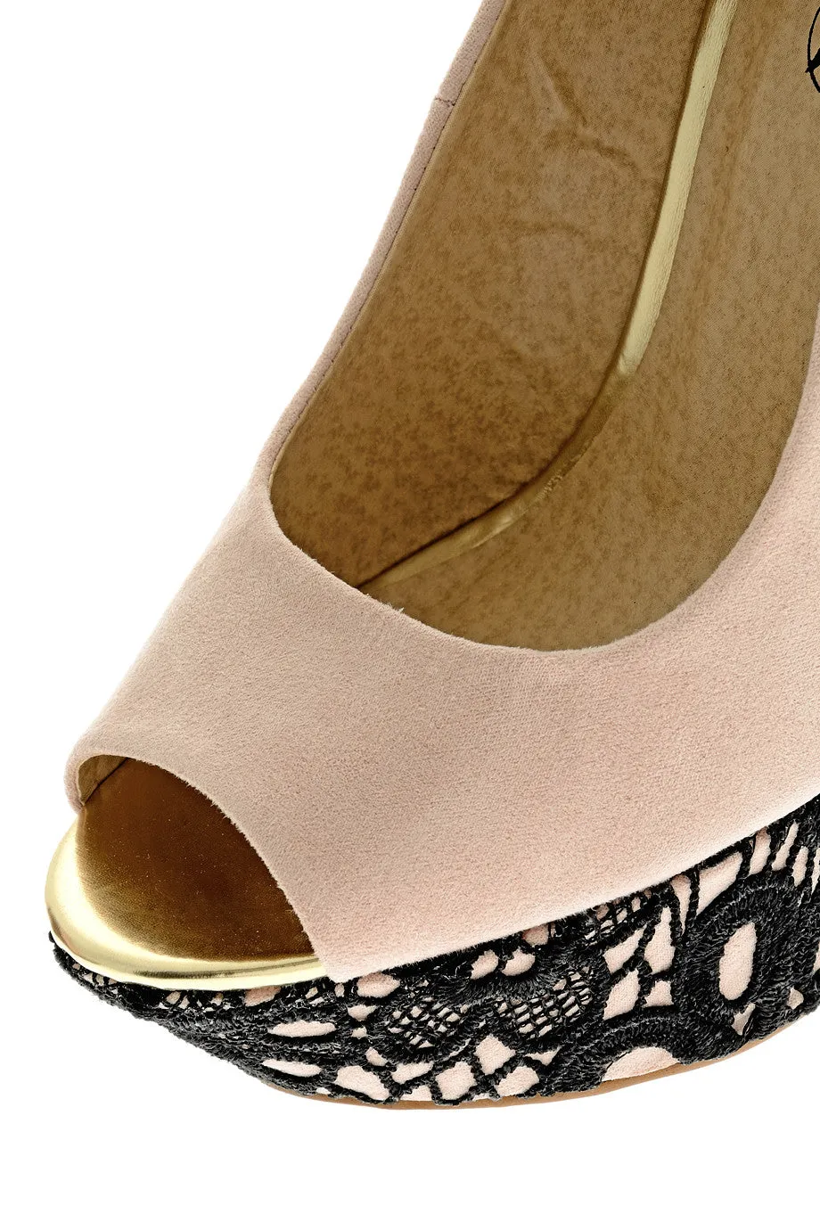 KARLIE Μπέζ Πλατφόρμες Peep Toe με Σχέδιο Δαντέλας