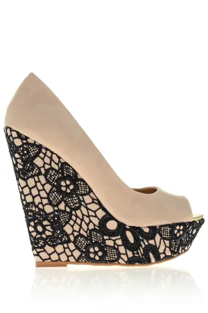 KARLIE Μπέζ Πλατφόρμες Peep Toe με Σχέδιο Δαντέλας