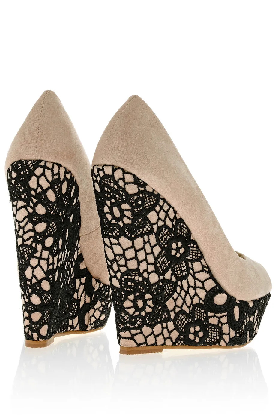 KARLIE Μπέζ Πλατφόρμες Peep Toe με Σχέδιο Δαντέλας