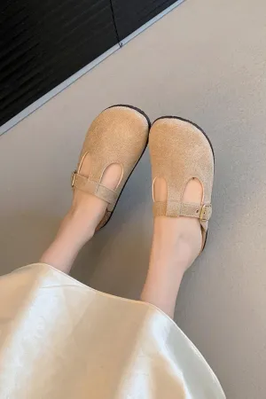 KHAKI ROUND TOE BUCKLE STRAP CLOGS MULES SLIDER SANDALS