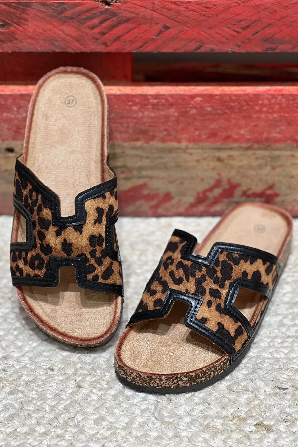 LEOPARD CUT OUT STRAP FLAT SLIP ON SANDALS SLIDERS