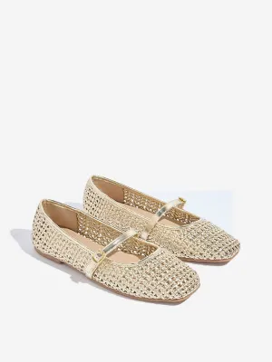 LUNA BLU Gold Rattan Weave Mary Jane Shoes