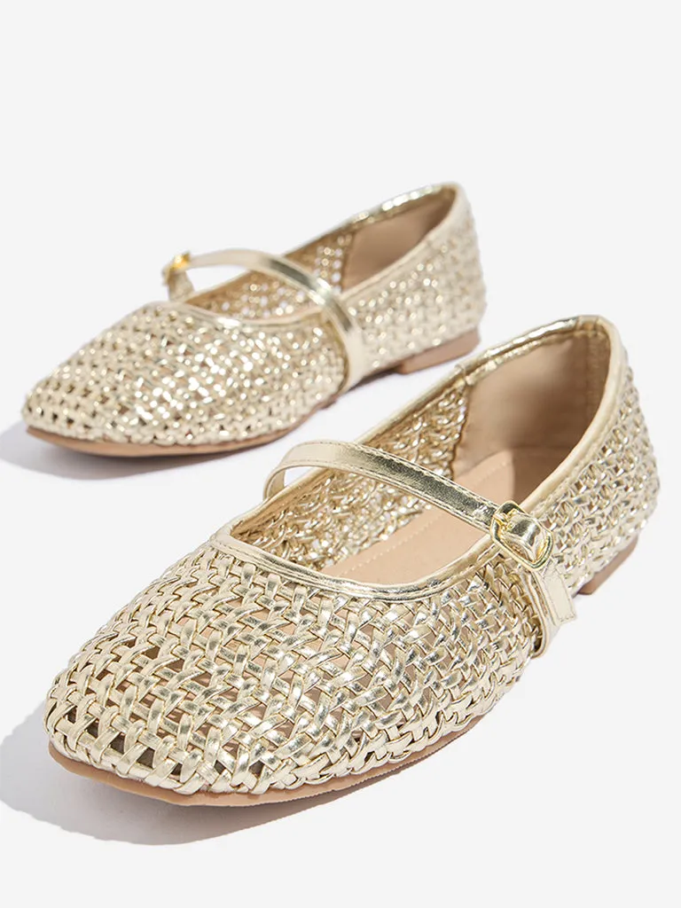 LUNA BLU Gold Rattan Weave Mary Jane Shoes