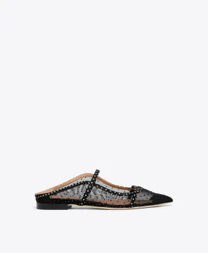 Maureen Black Polka Dot Satin Flat Mules