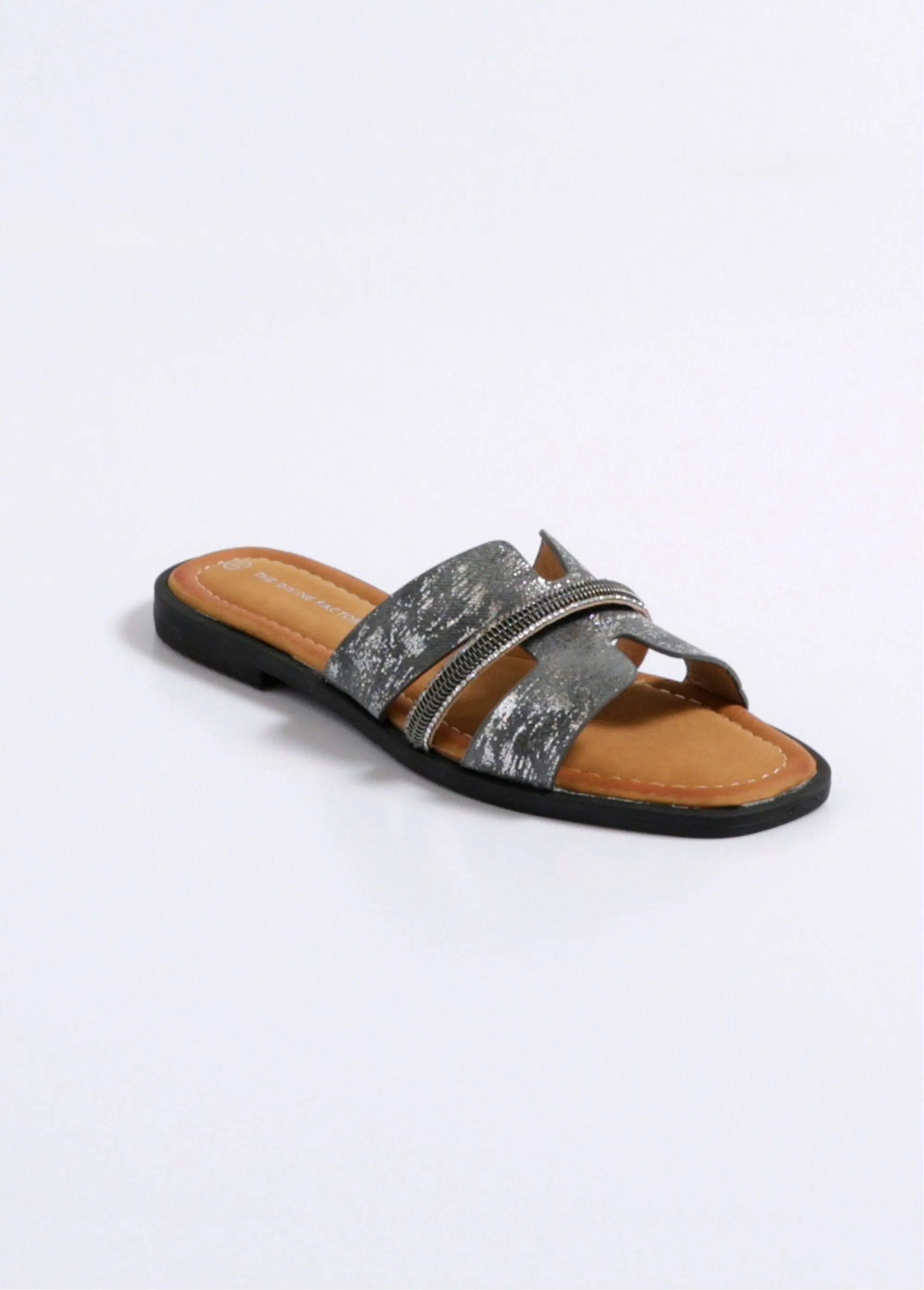 Metallic mules with metal strap detail