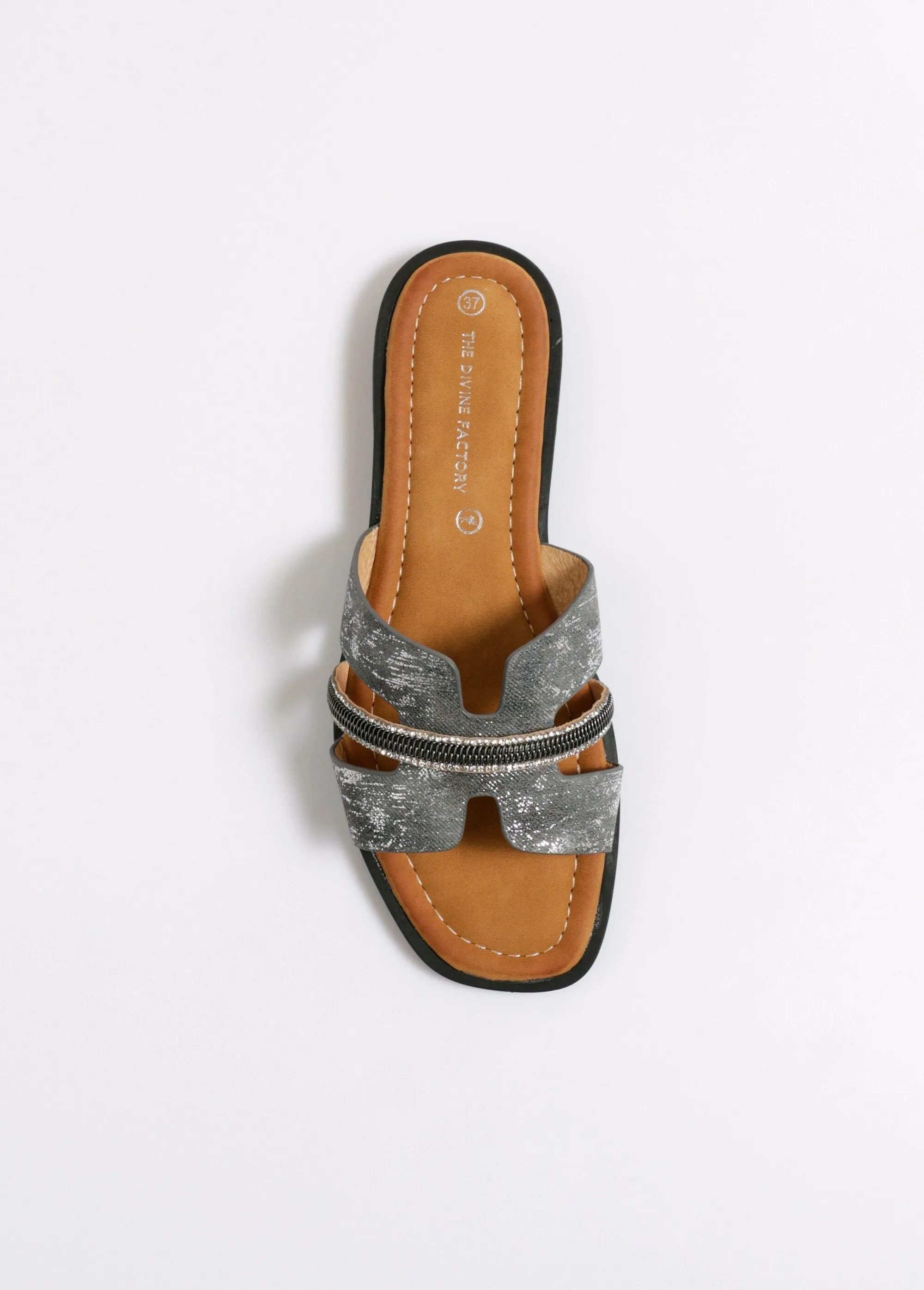 Metallic mules with metal strap detail