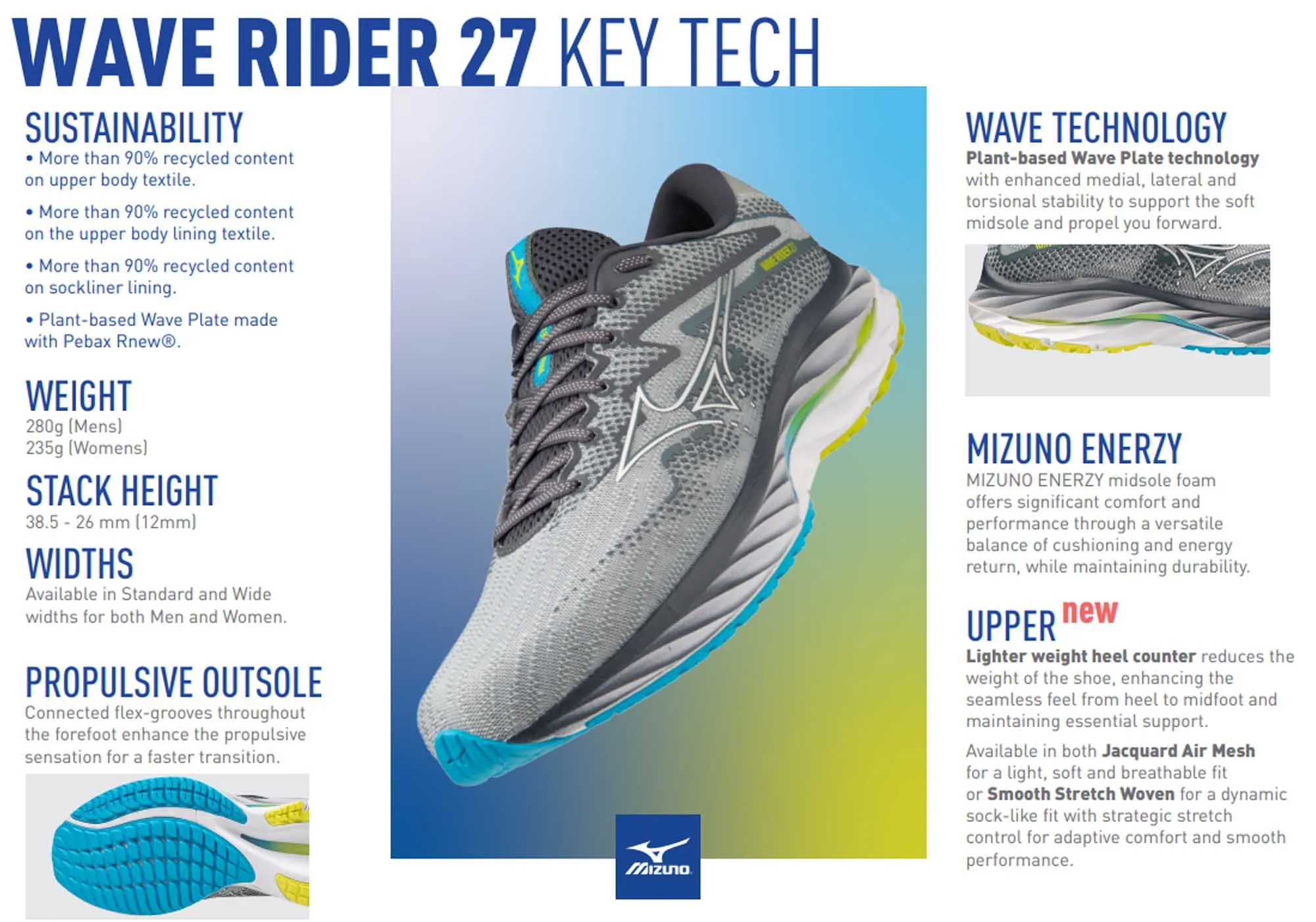 Mizuno Mens Wave Rider 27 Comfortable Running Shoes
