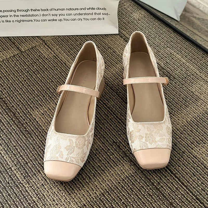 New Chinese Style Mary Jane Shoes for Women – Spring Chunky Heel Qipao Shoes, Mid Heel, Square Toe, Elegant Ma Mian Skirt Design