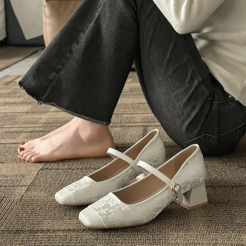 New Chinese Style Mary Jane Shoes for Women – Spring Chunky Heel Qipao Shoes, Mid Heel, Square Toe, Elegant Ma Mian Skirt Design