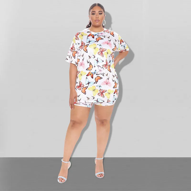 Playful Butterfly Print Relaxed-Fit T-Shirt and Shorts Two-Piece Set