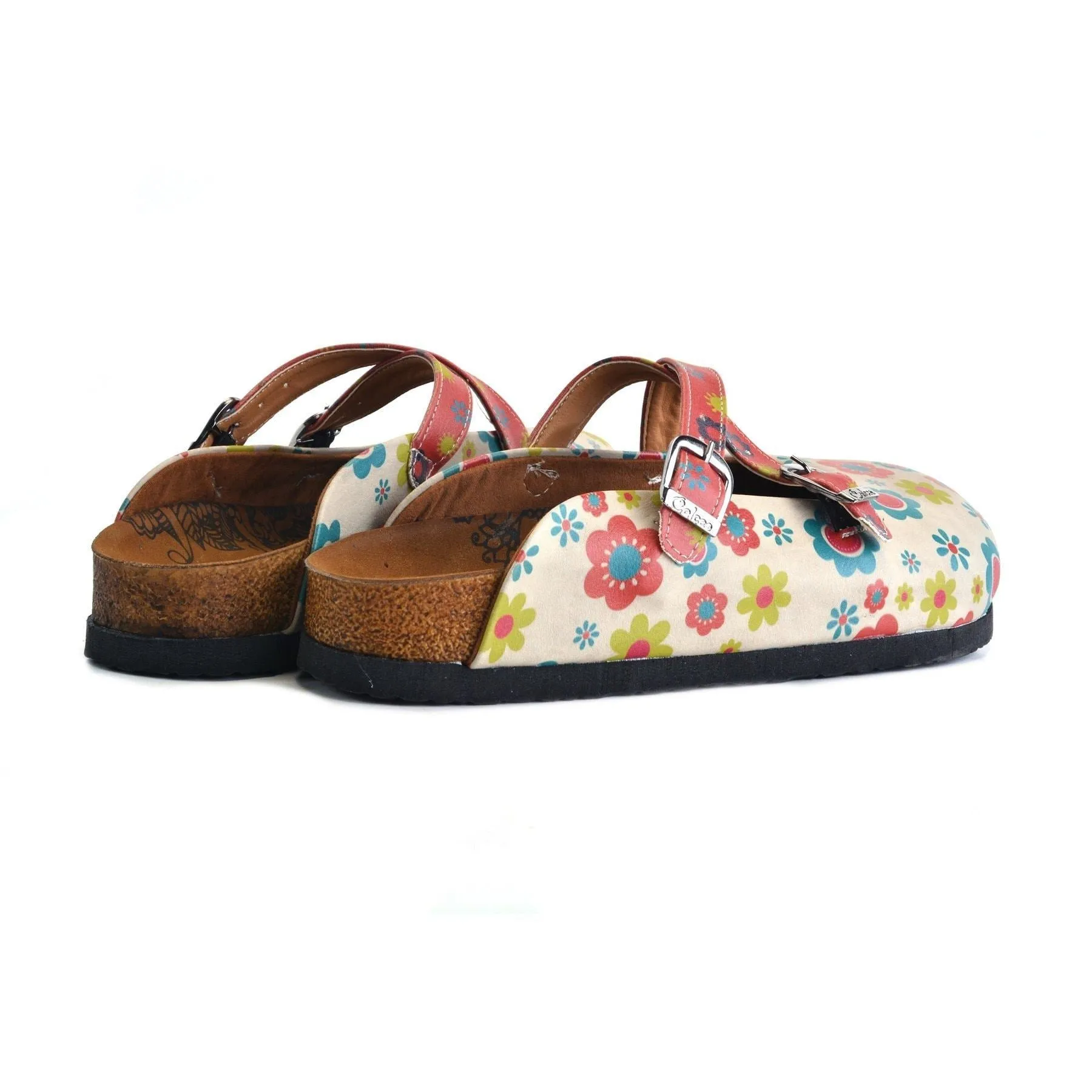 Red, Blue, Beige, Yellow Flowers Patterned Clogs - CAL161