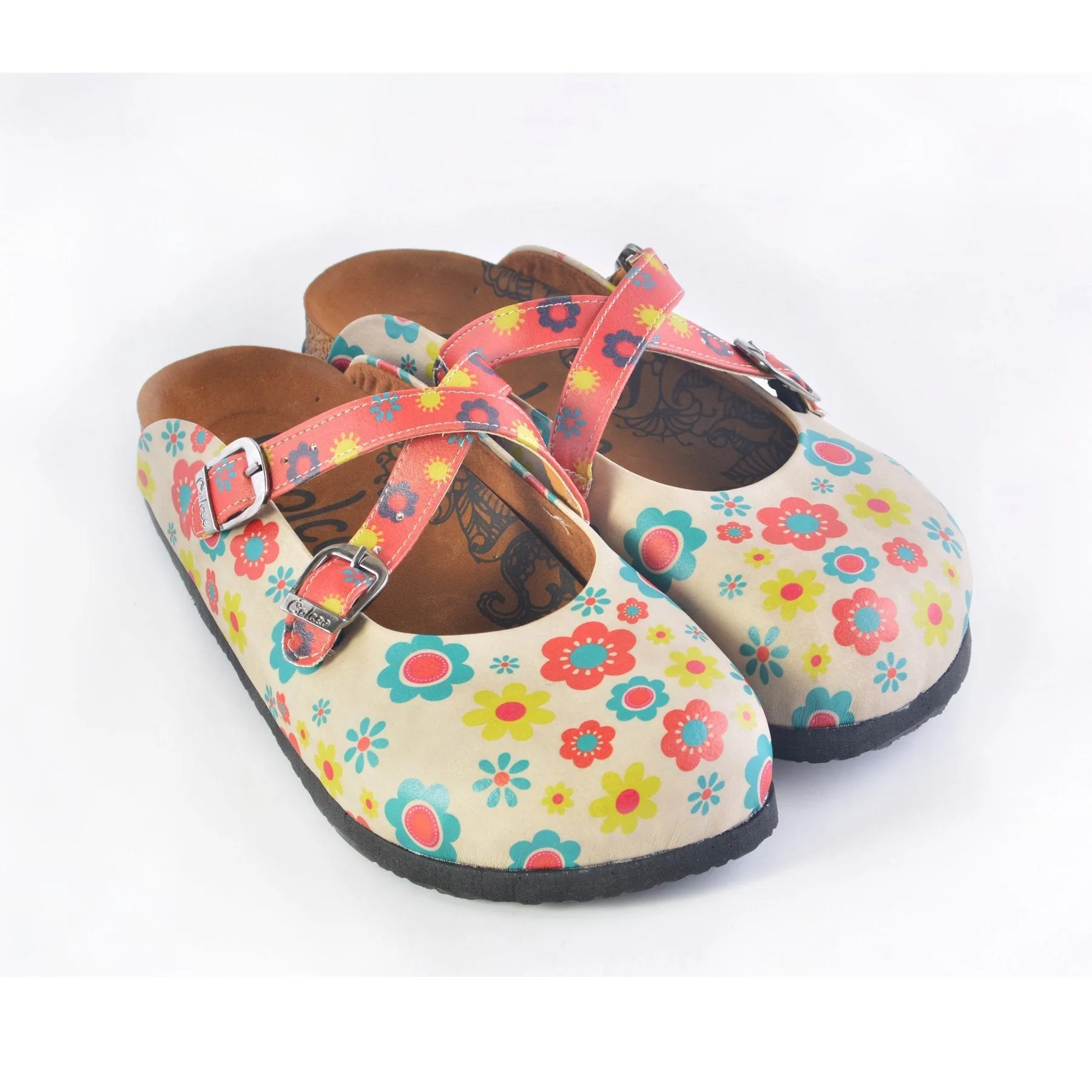 Red, Blue, Beige, Yellow Flowers Patterned Clogs - CAL161