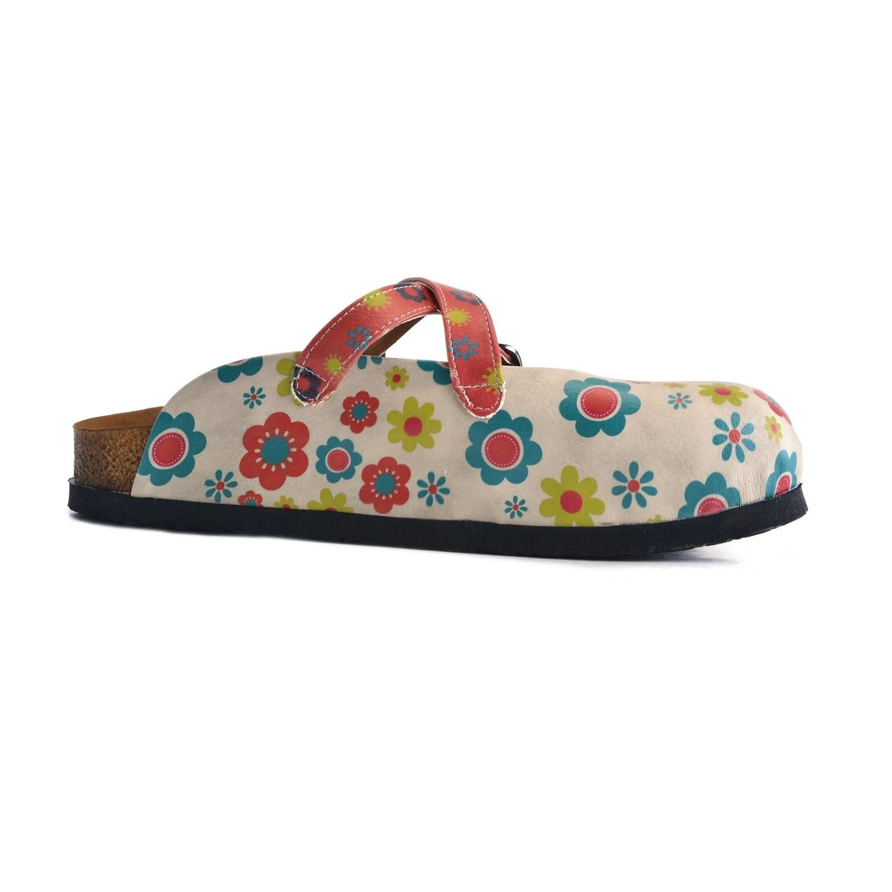 Red, Blue, Beige, Yellow Flowers Patterned Clogs - CAL161