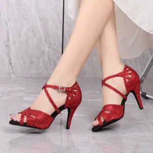 Red silver gemstones Latin ballroom dance shoes for women girls soft sole social modern dance shoes bling sandals