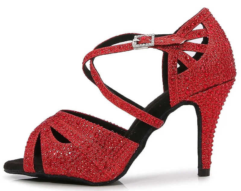 Red silver gemstones Latin ballroom dance shoes for women girls soft sole social modern dance shoes bling sandals