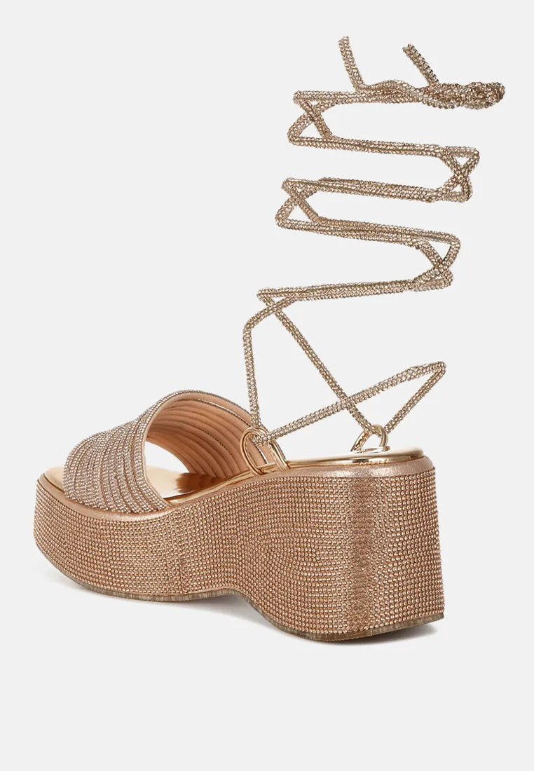 Rhinestone Embellished Lace-Up Sandals by RUW