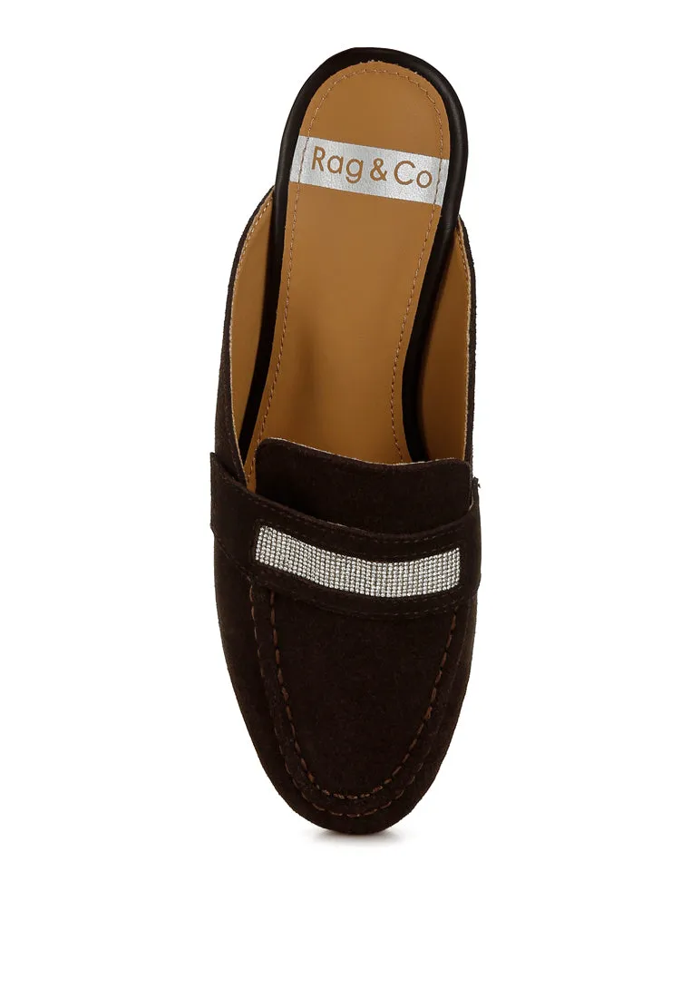 Rhinestone Strap Suede Mules By RUW