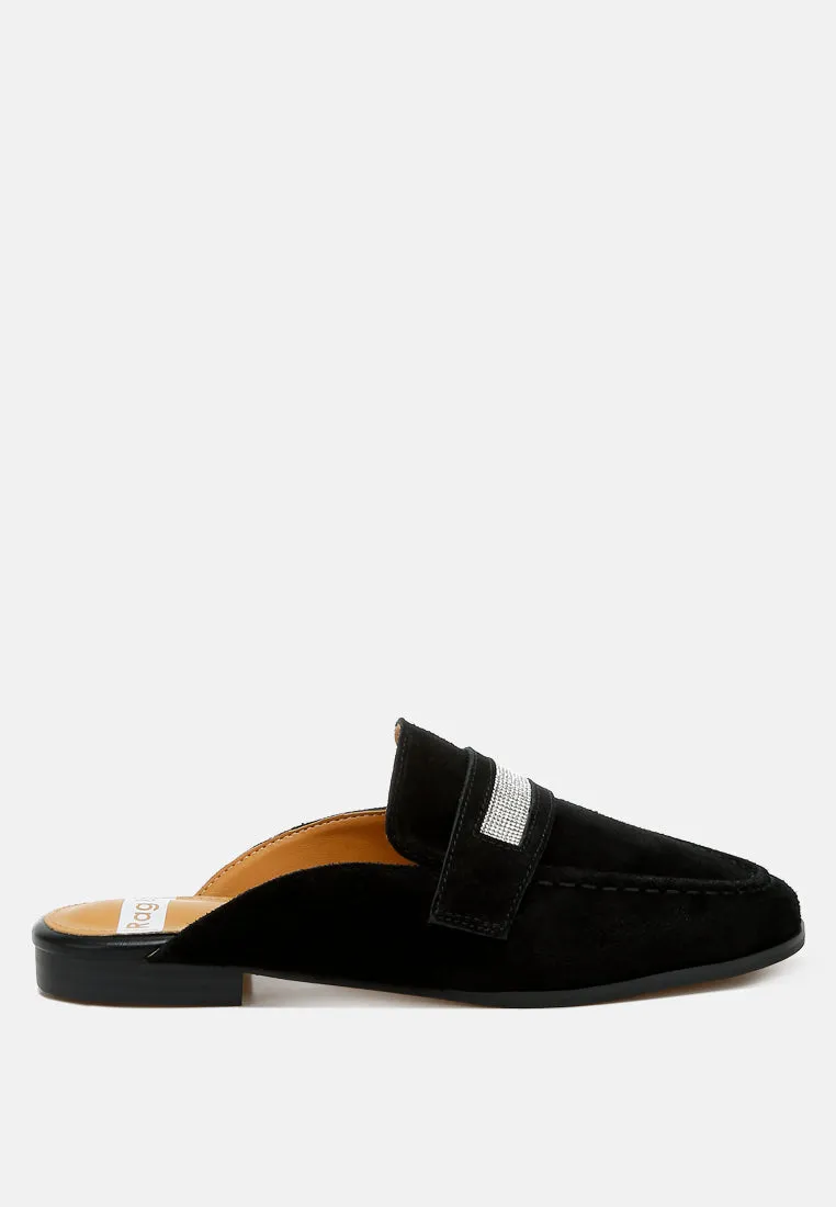 Rhinestone Strap Suede Mules By RUW