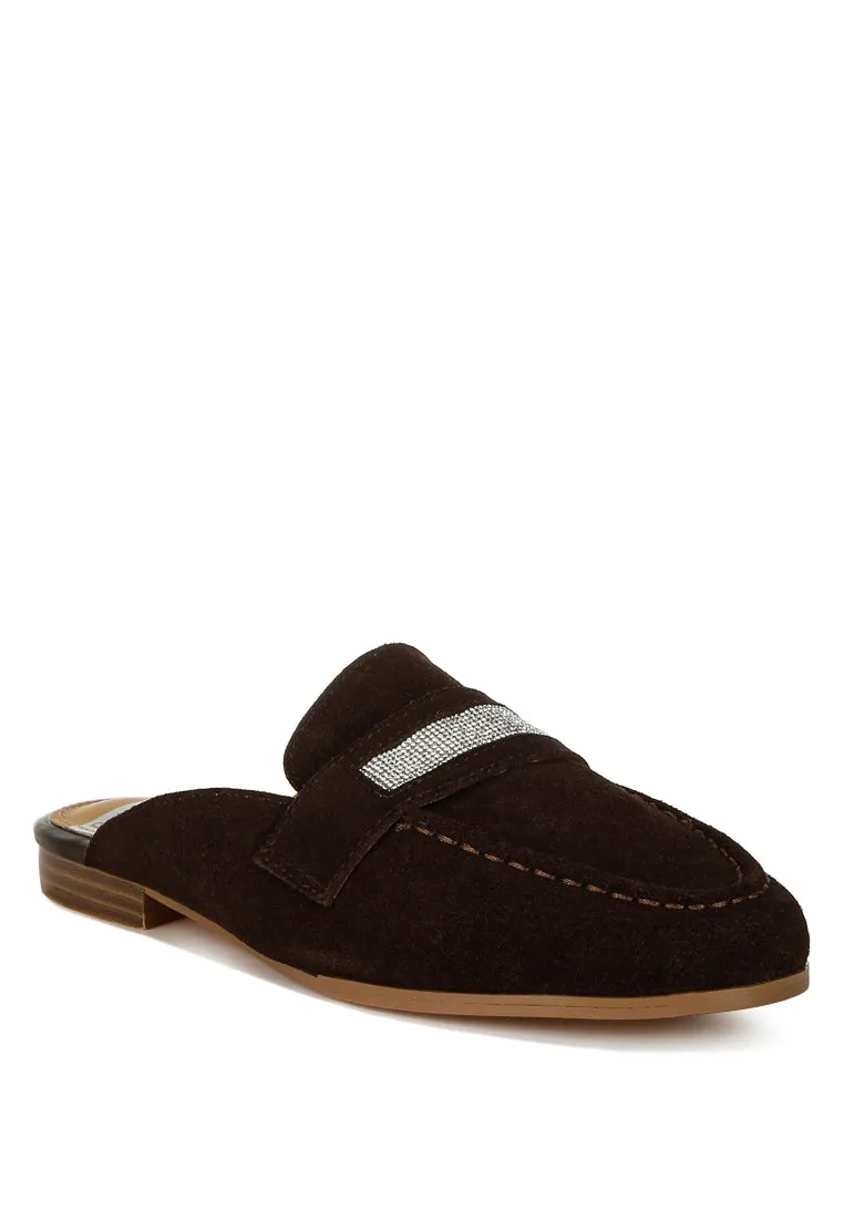 Rhinestone Strap Suede Mules By RUW