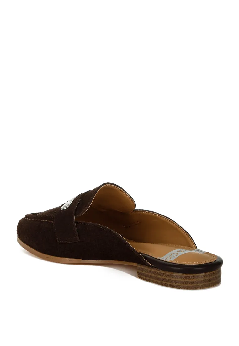Rhinestone Strap Suede Mules By RUW