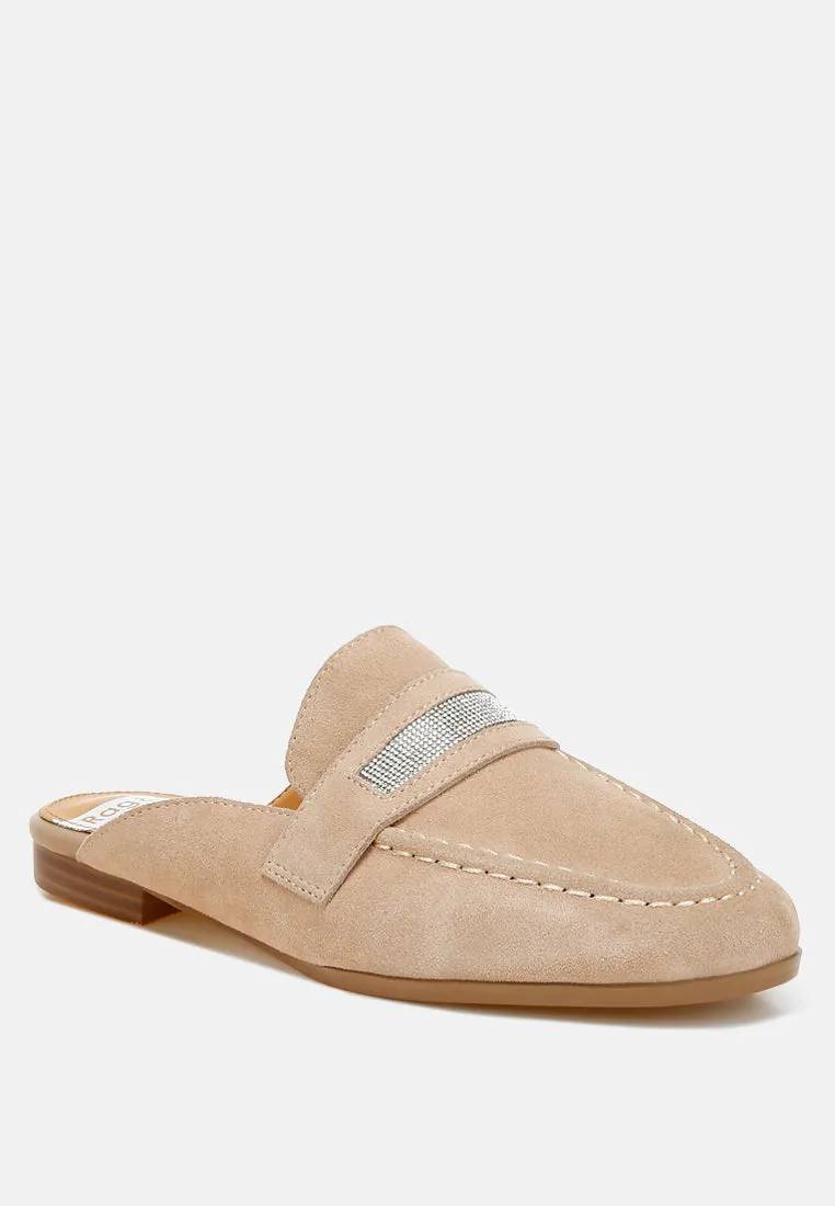 Rhinestone Strap Suede Mules By RUW