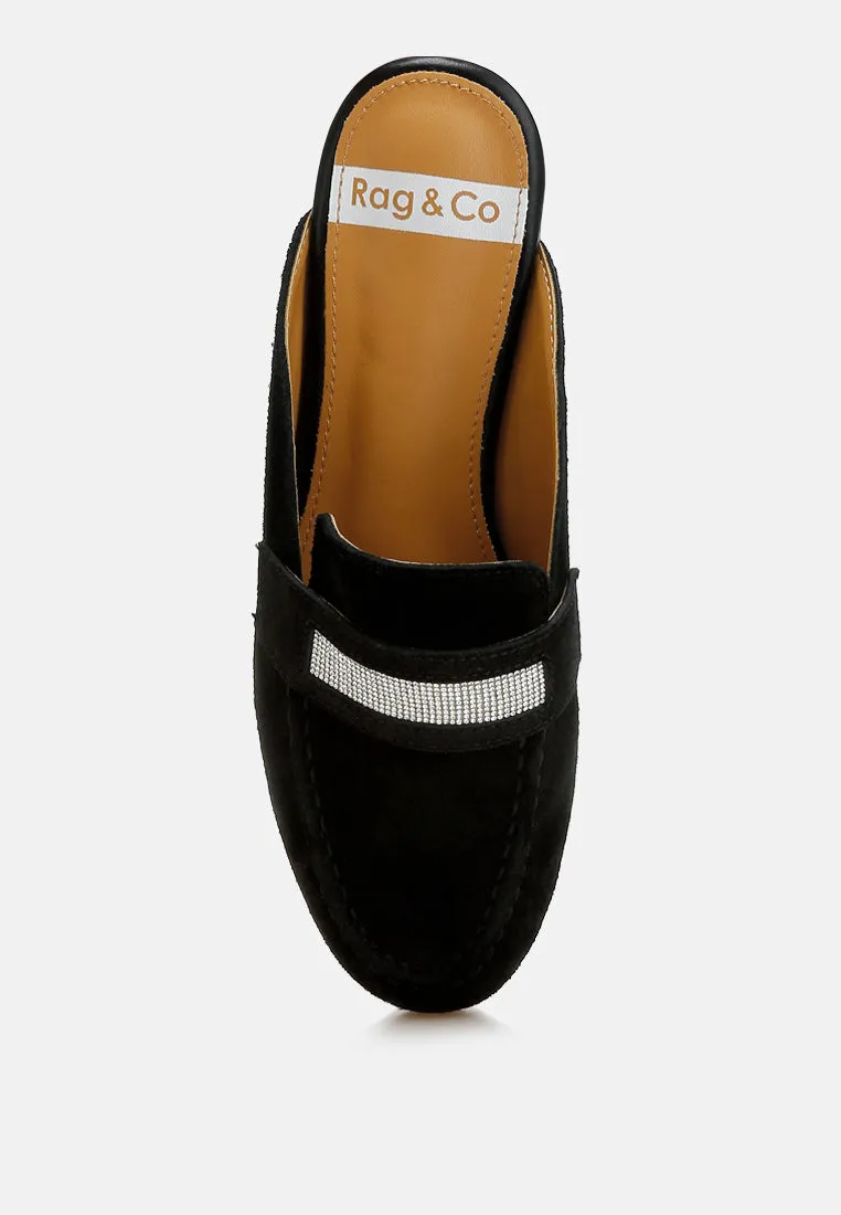Rhinestone Strap Suede Mules By RUW