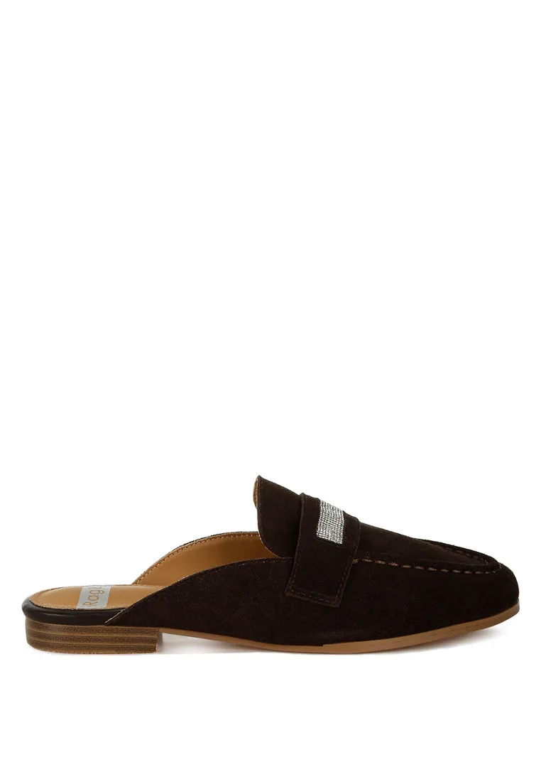 Rhinestone Strap Suede Mules By RUW