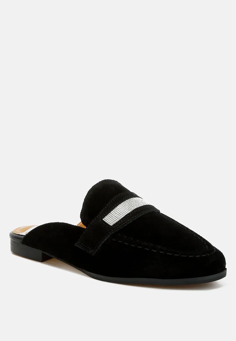 Rhinestone Strap Suede Mules By RUW