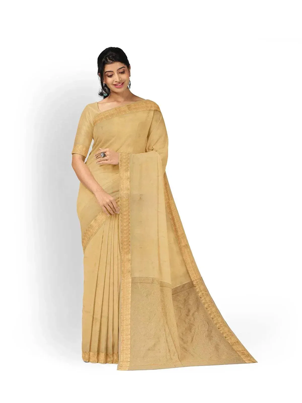 Sandal Silk Saree with Plain Design Body and Contrast Zari Border