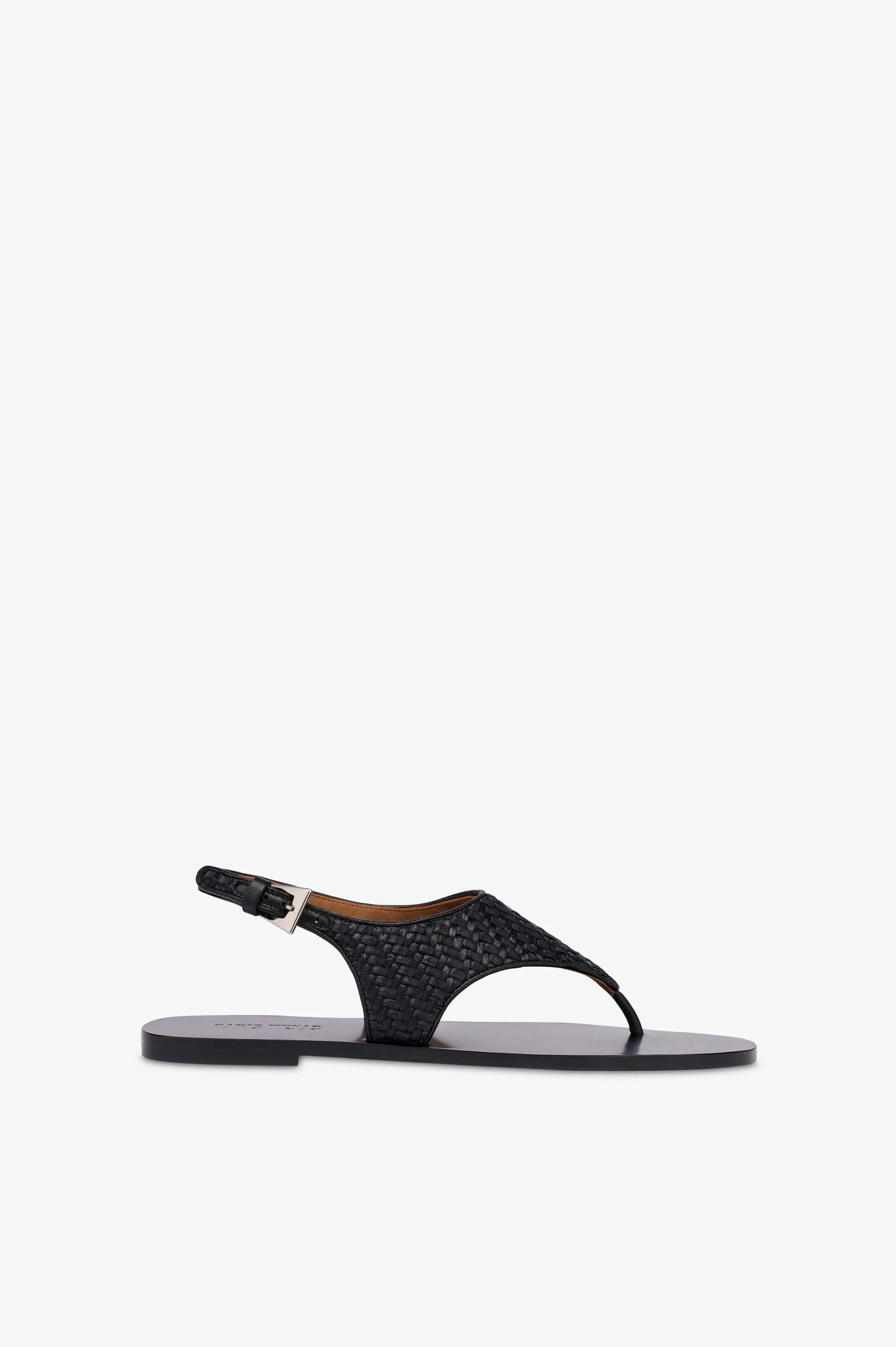 Sandals in natural raffia and black leather