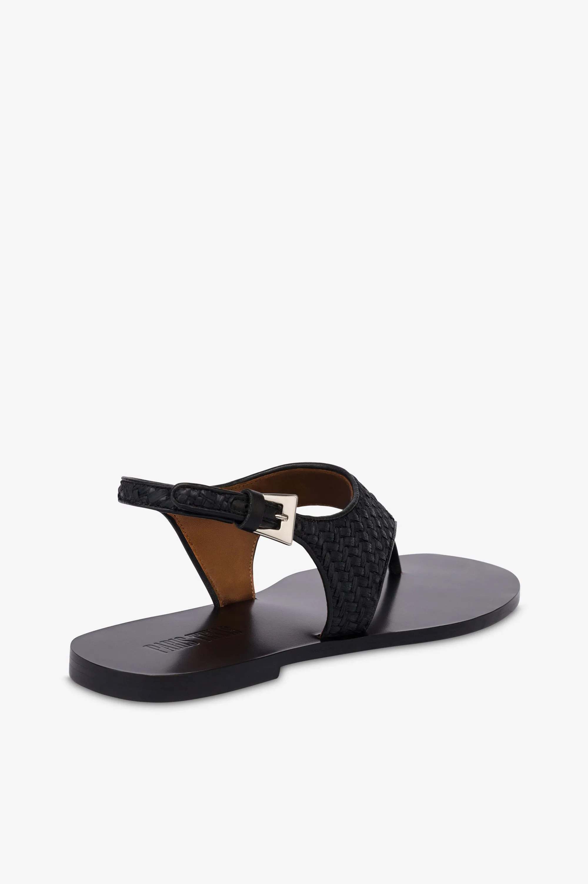 Sandals in natural raffia and black leather