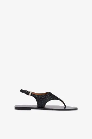 Sandals in natural raffia and black leather