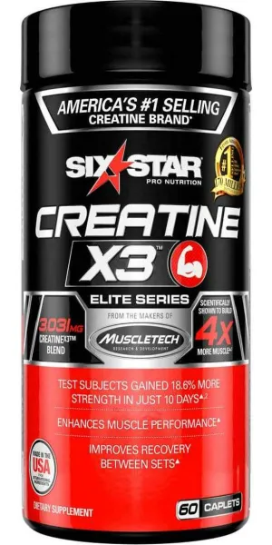 Six Star Pro Nutrition Creatine X3 Pills, Micronized Creatine Capsules Featuring Ultra-Pure Creatine Monohydrate, 60 Caplets