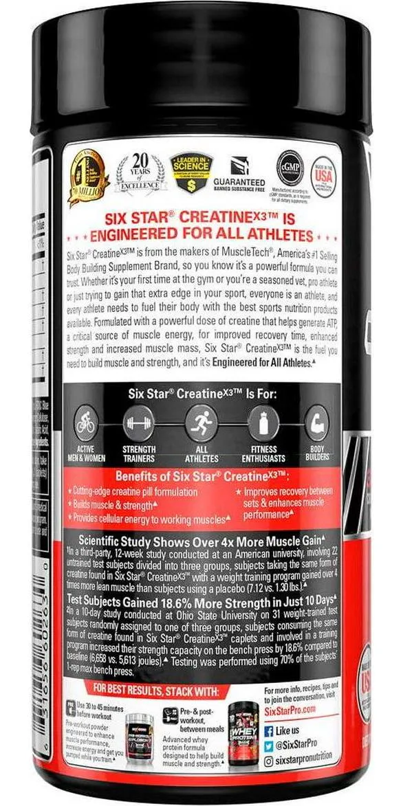 Six Star Pro Nutrition Creatine X3 Pills, Micronized Creatine Capsules Featuring Ultra-Pure Creatine Monohydrate, 60 Caplets