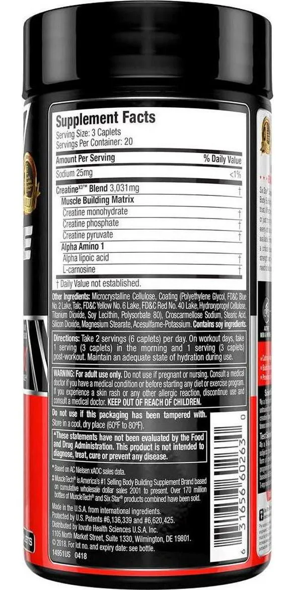 Six Star Pro Nutrition Creatine X3 Pills, Micronized Creatine Capsules Featuring Ultra-Pure Creatine Monohydrate, 60 Caplets