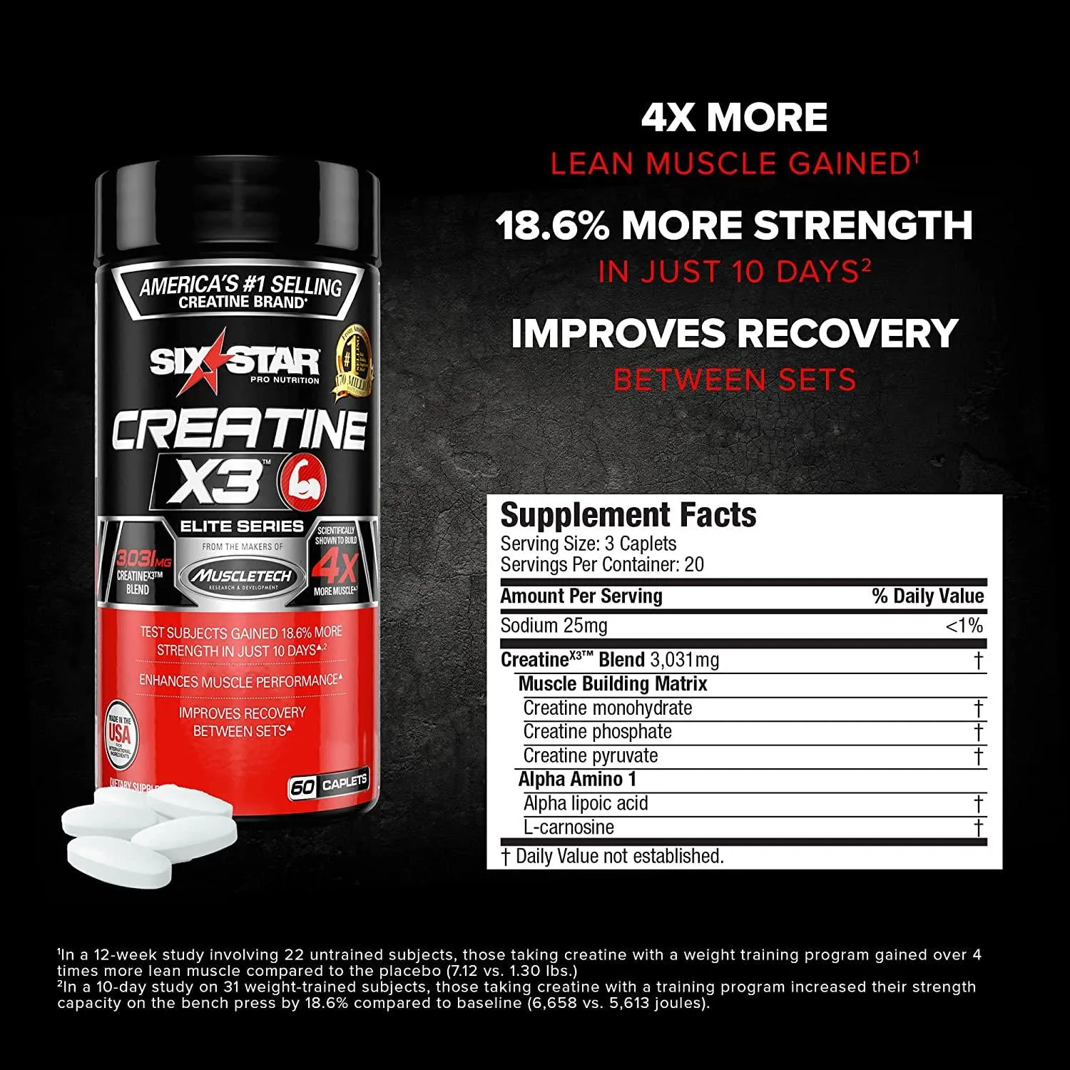 Six Star Pro Nutrition Creatine X3 Pills, Micronized Creatine Capsules Featuring Ultra-Pure Creatine Monohydrate, 60 Caplets