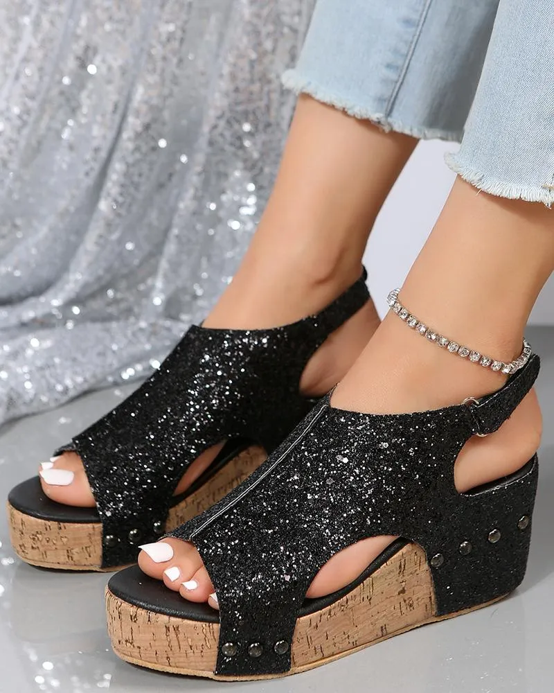 Slingback Peep Toe Glitter Wedge Sandals