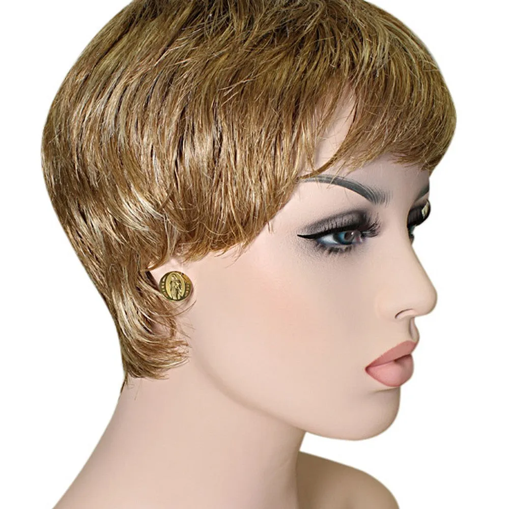 Stainless Steel Yellow Gold-Tone Round Virgin Mary Religious Stud Earrings
