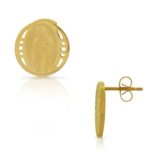 Stainless Steel Yellow Gold-Tone Round Virgin Mary Religious Stud Earrings