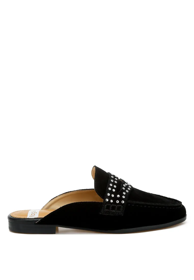 Stud Embellished Penny Strap Mules By RUW