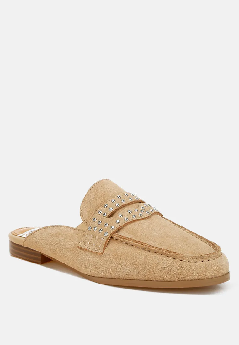 Stud Embellished Penny Strap Mules By RUW