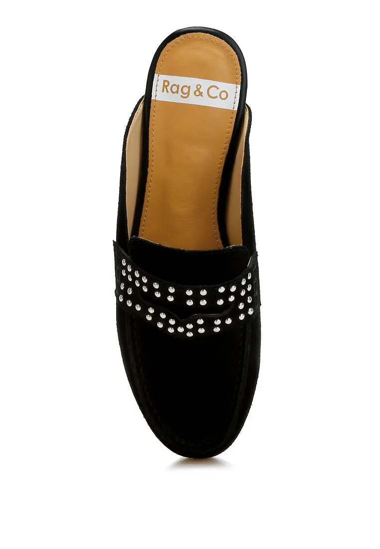 Stud Embellished Penny Strap Mules By RUW