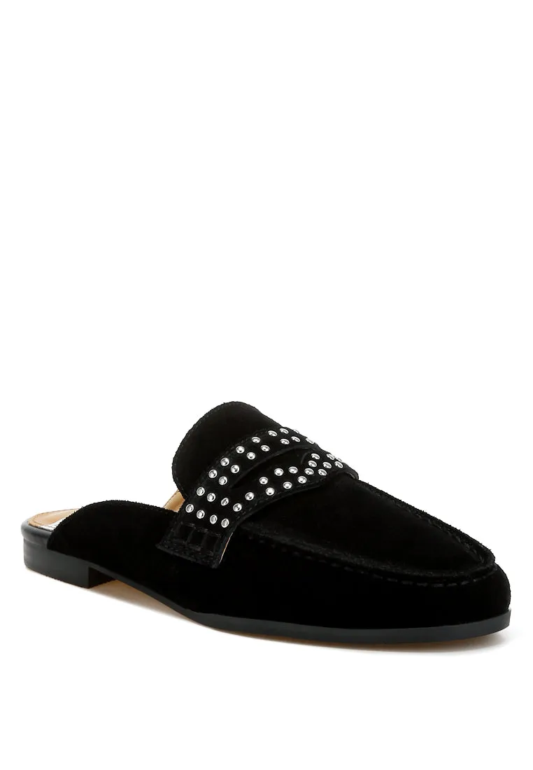Stud Embellished Penny Strap Mules By RUW