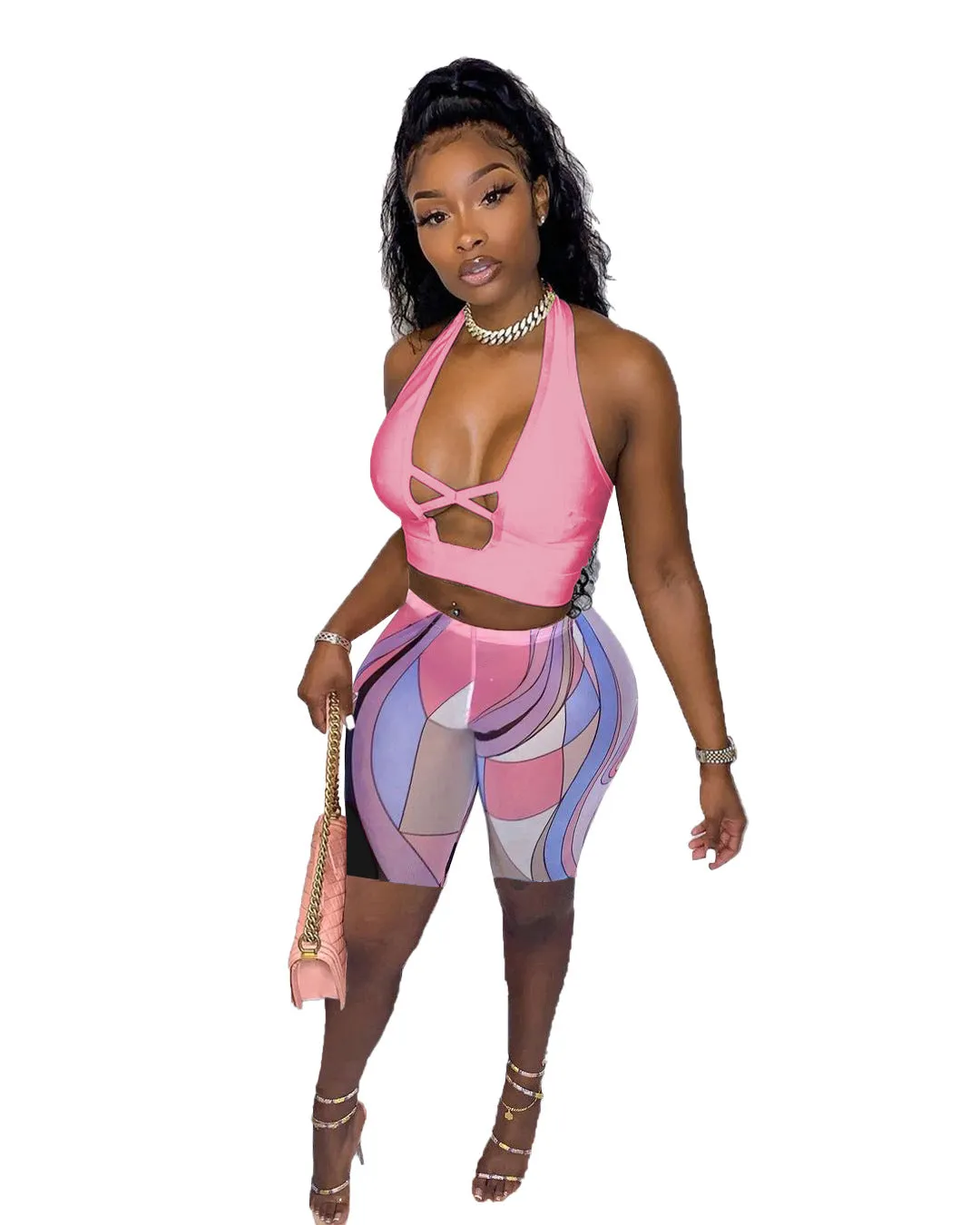 Trendy Halter Neck Cross-Back Tank Top and Printed Shorts Two-Piece Set
