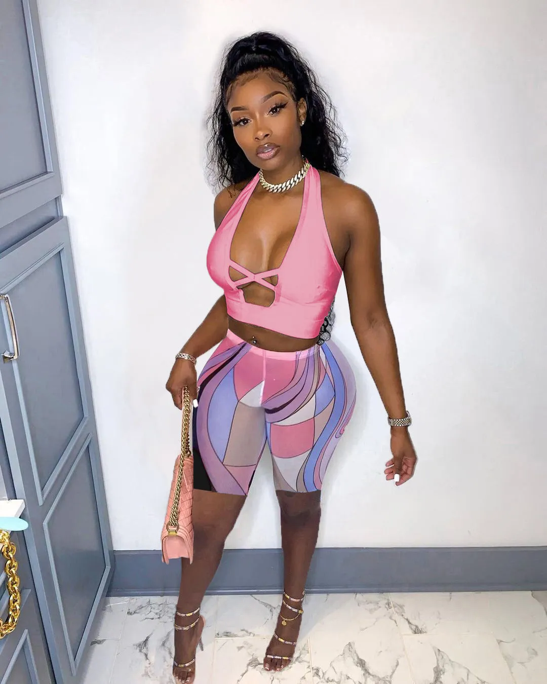 Trendy Halter Neck Cross-Back Tank Top and Printed Shorts Two-Piece Set