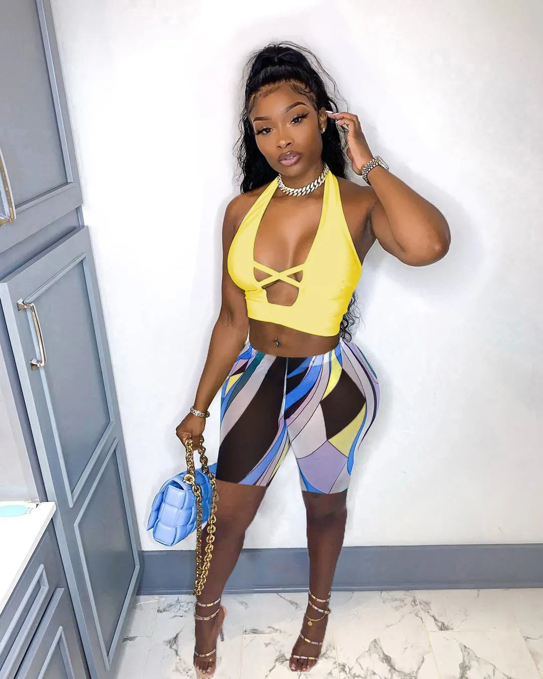 Trendy Halter Neck Cross-Back Tank Top and Printed Shorts Two-Piece Set