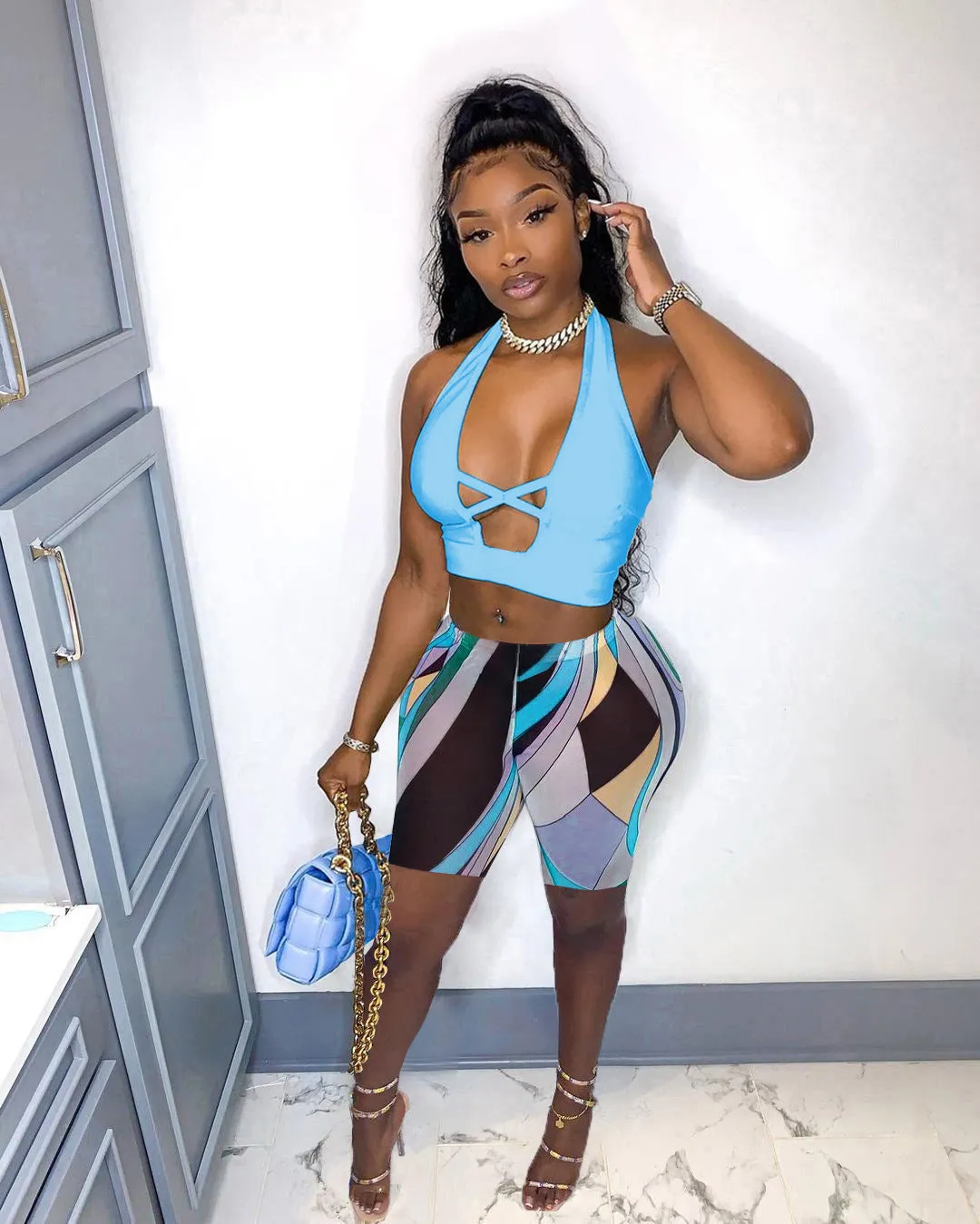 Trendy Halter Neck Cross-Back Tank Top and Printed Shorts Two-Piece Set