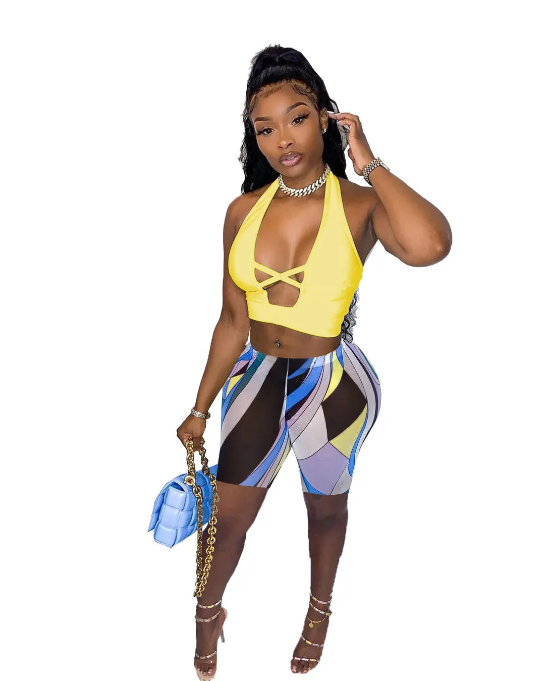 Trendy Halter Neck Cross-Back Tank Top and Printed Shorts Two-Piece Set