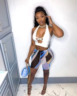 Trendy Halter Neck Cross-Back Tank Top and Printed Shorts Two-Piece Set