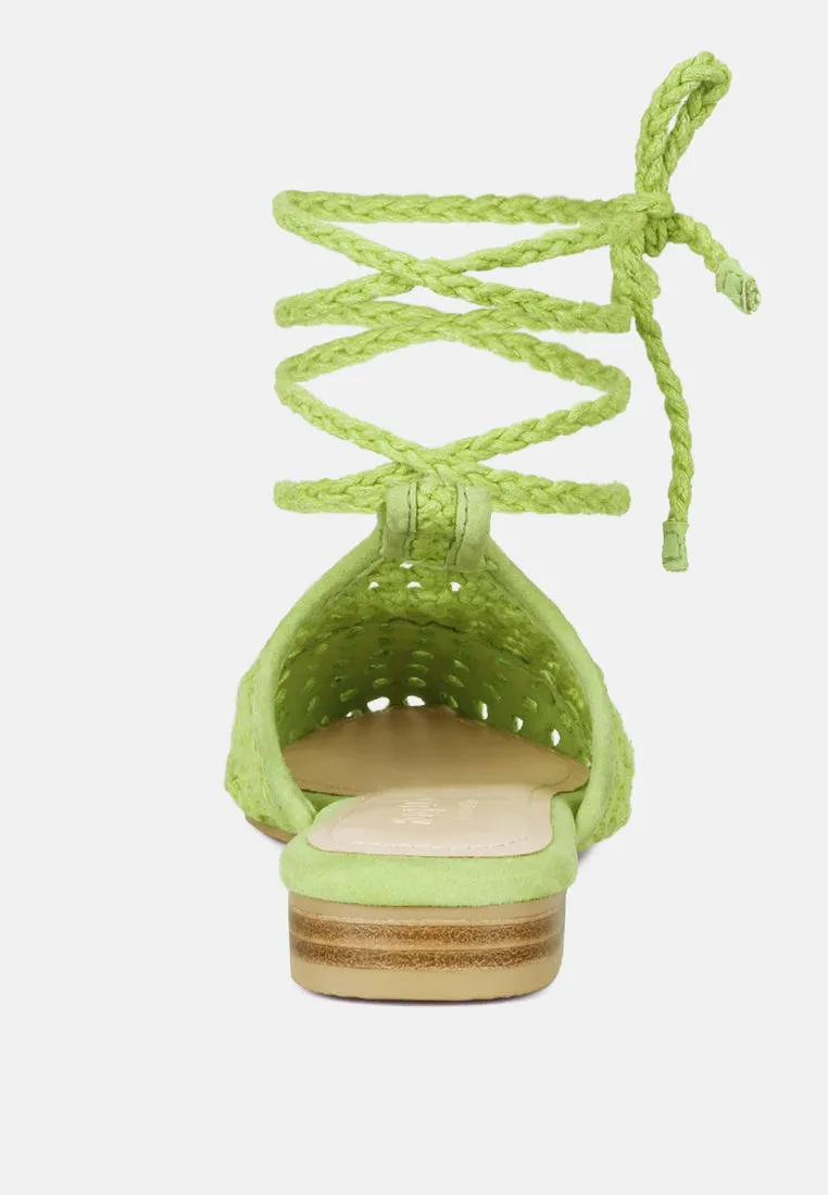 Tutsi Handwoven Honeycomb Cotton Tie Up Mules Flats By Ruw